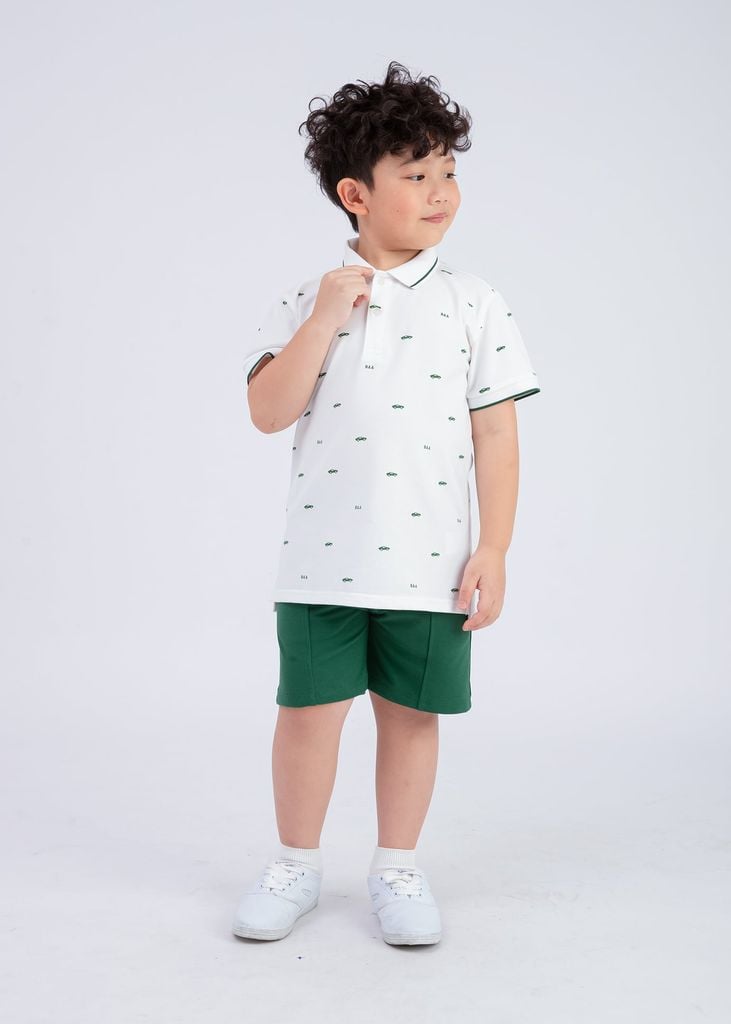 Set Polo Cổ Dệt Bé Trai Trắng Kem Hoạ Tiết Xe Phối Xanh Lá