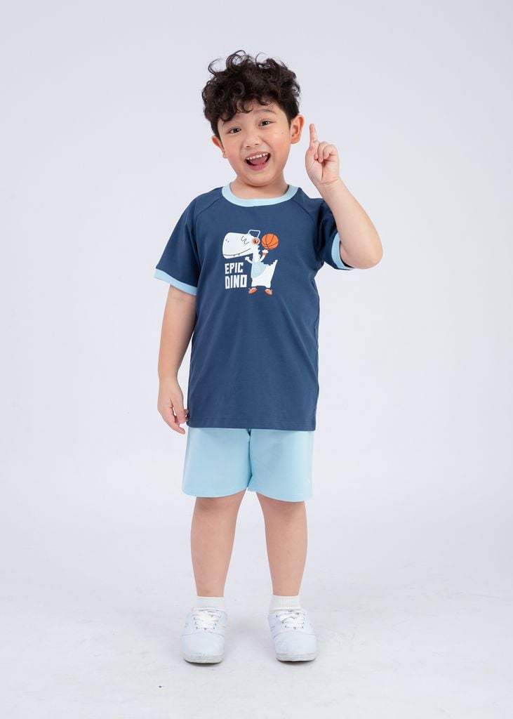Bộ Thun Ngắn Tay Bé Trai Navy Khủng Long Phối Xanh