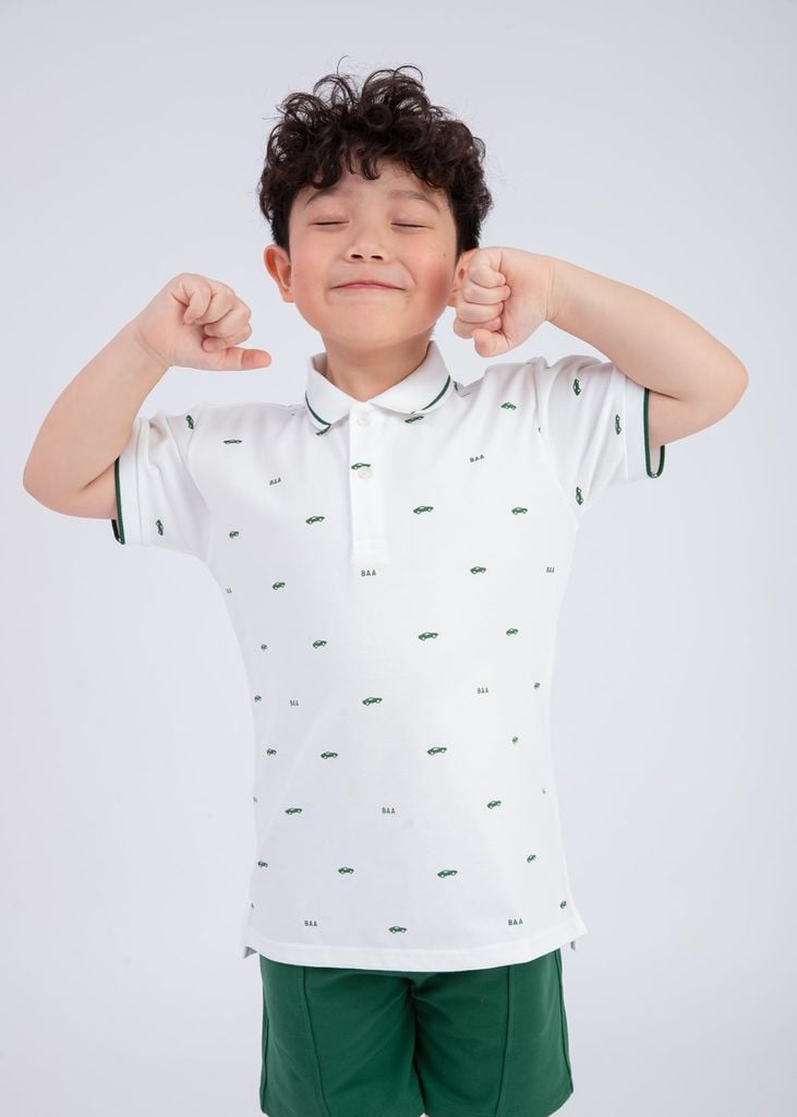 Set Polo Cổ Dệt Bé Trai Trắng Kem Hoạ Tiết Xe Phối Xanh Lá