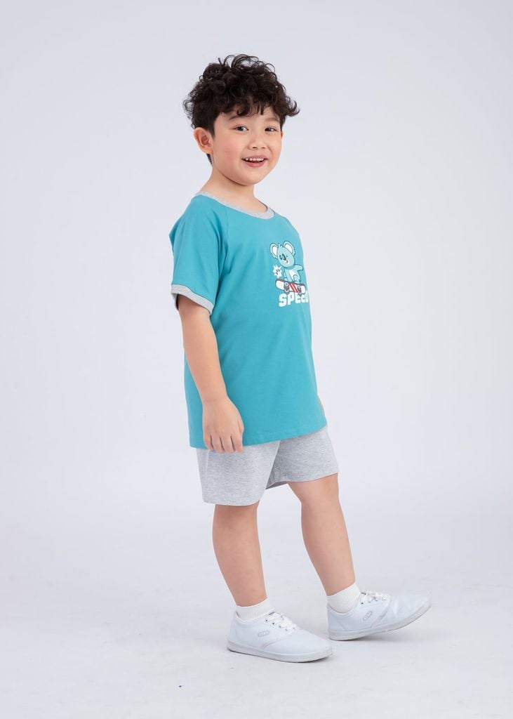 Bộ Thun Ngắn Tay Bé Trai Xanh Koala Trượt Ván Phối Xám