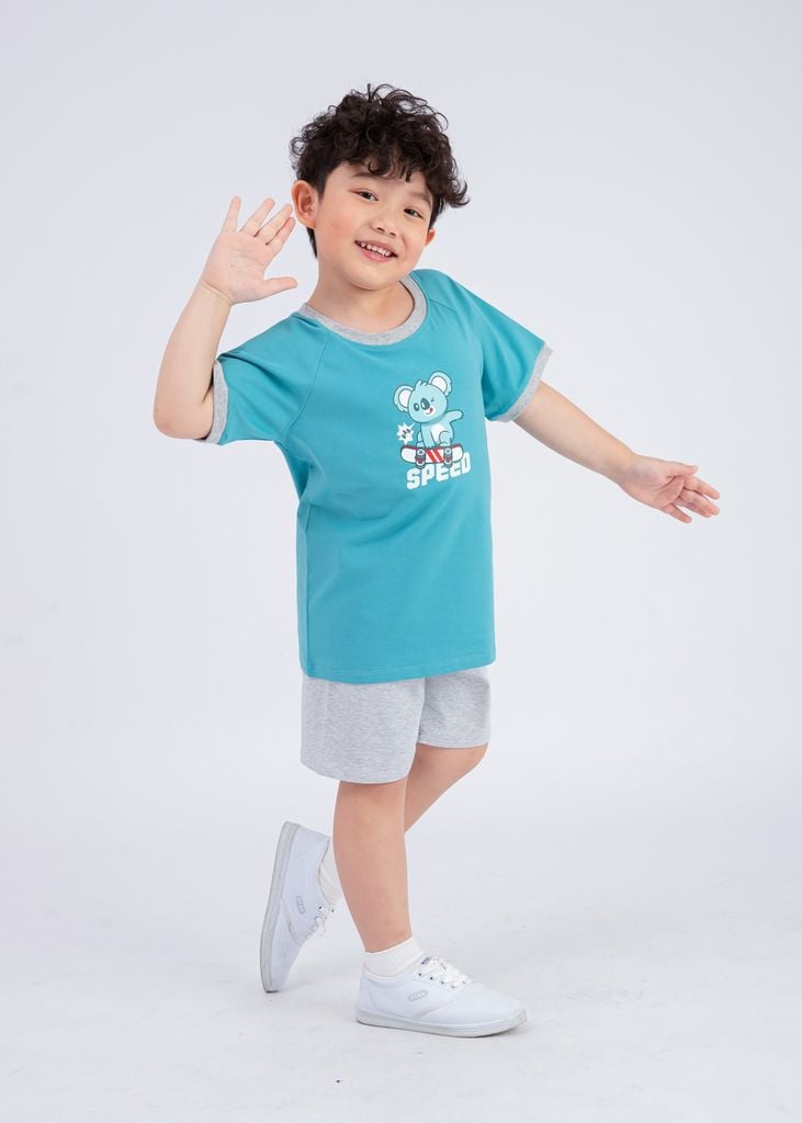 Bộ Thun Ngắn Tay Bé Trai Xanh Koala Trượt Ván Phối Xám
