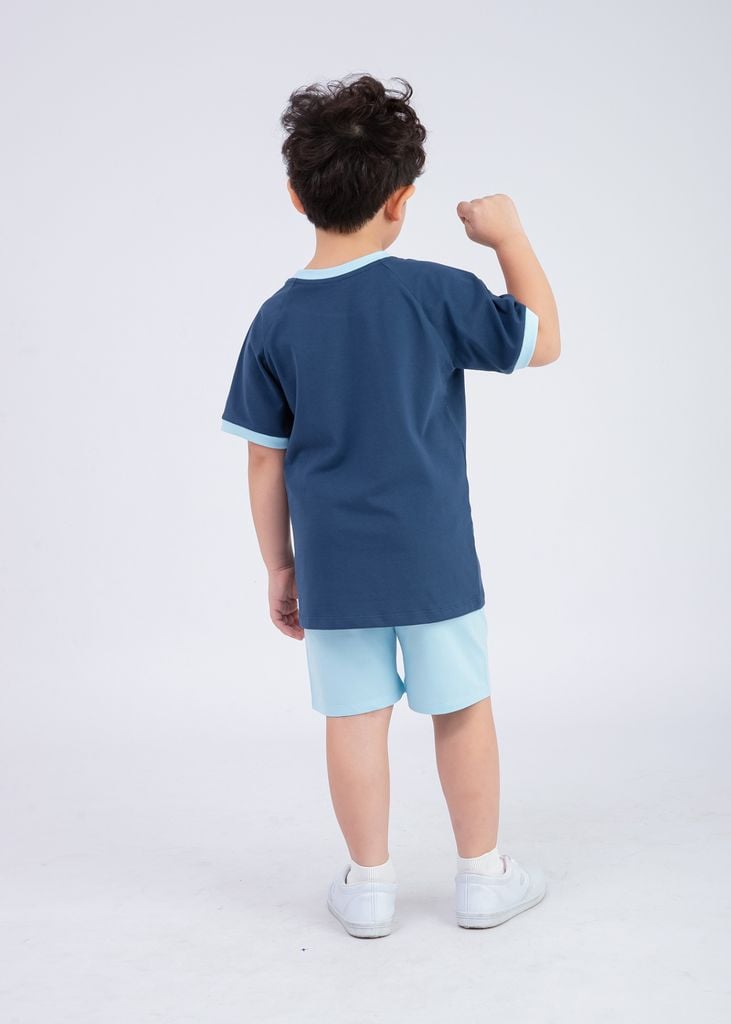 Bộ Thun Ngắn Tay Bé Trai Navy Khủng Long Phối Xanh