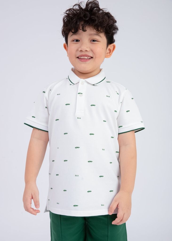 Set Polo Cổ Dệt Bé Trai Trắng Kem Hoạ Tiết Xe Phối Xanh Lá