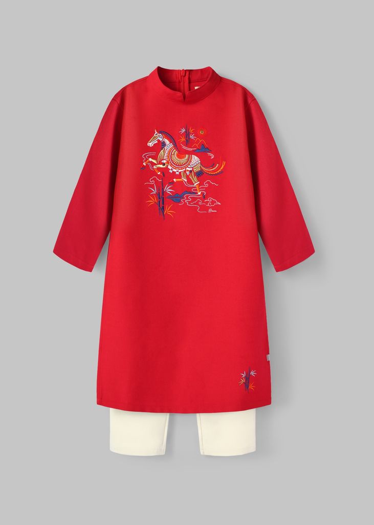 Set Áo Dài Thêu Cao Cấp Bé Trai Đỏ Thánh Gióng