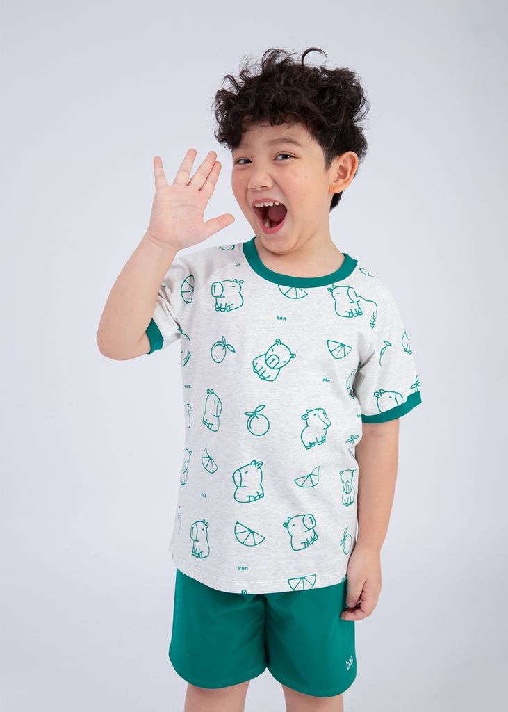 Bộ Thun Ngắn Tay Bé Trai Xám Hoạ Tiết Capypara Phối Xanh Lá