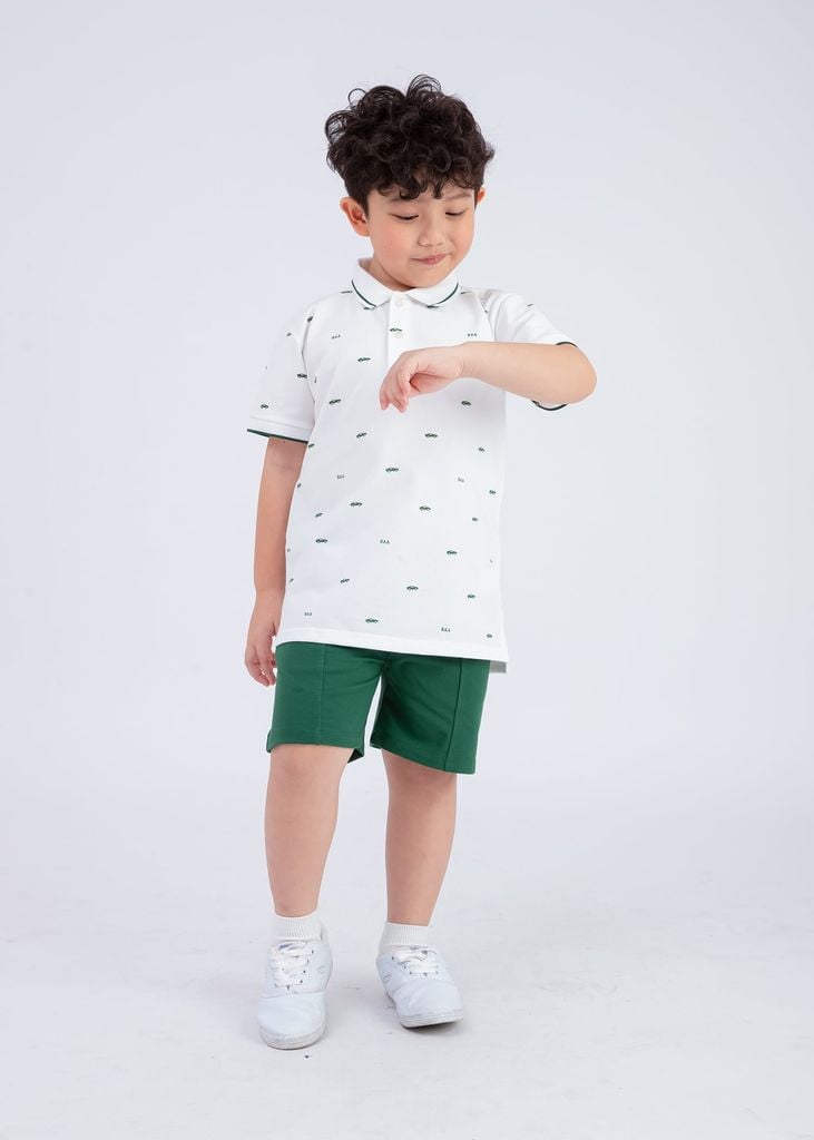 Set Polo Cổ Dệt Bé Trai Trắng Kem Hoạ Tiết Xe Phối Xanh Lá