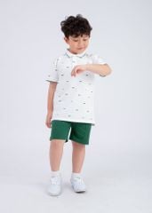 Set Polo Cổ Dệt Bé Trai Trắng Kem Hoạ Tiết Xe Phối Xanh Lá