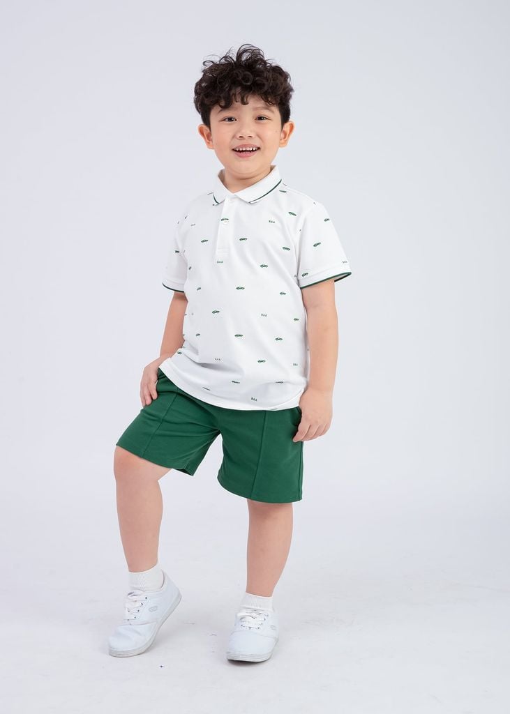 Set Polo Cổ Dệt Bé Trai Trắng Kem Hoạ Tiết Xe Phối Xanh Lá