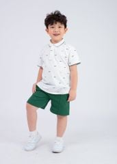 Set Polo Cổ Dệt Bé Trai Trắng Kem Hoạ Tiết Xe Phối Xanh Lá