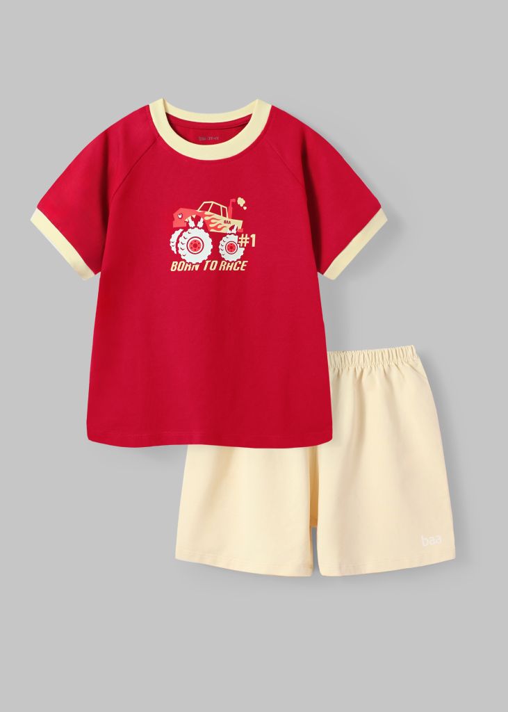 Bộ Thun Ngắn Tay Bé Trai Đỏ Burgundy Xe Đua Phối Be