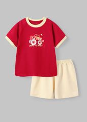 Bộ Thun Ngắn Tay Bé Trai Đỏ Burgundy Xe Đua Phối Be