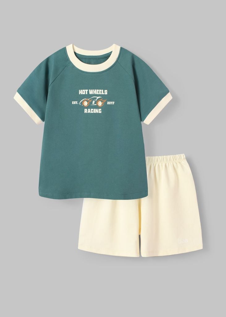 Bộ Thun Ngắn Tay Bé Trai Xanh Xe Đua Phối Kem