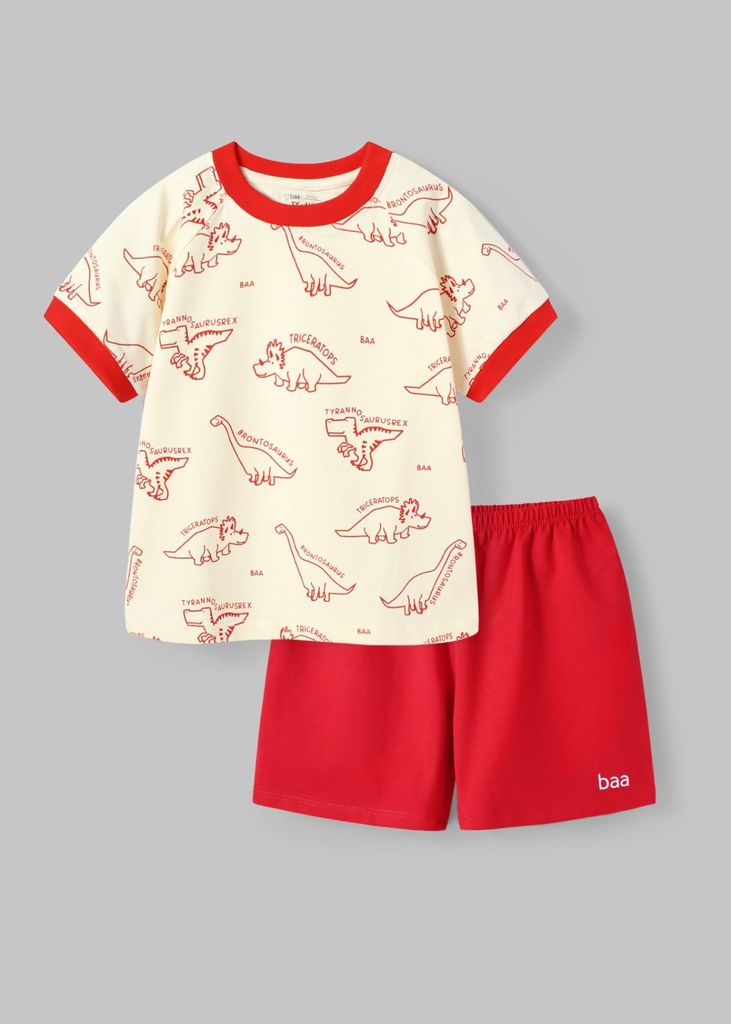 Bộ Thun Ngắn Tay Bé Trai Kem Hoạ Tiết Khủng Long Phối Đỏ