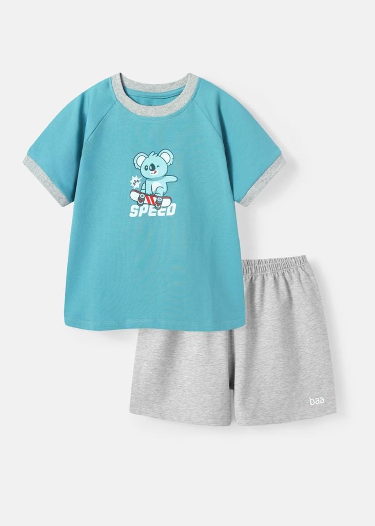 Bộ Thun Ngắn Tay Bé Trai Xanh Koala Trượt Ván Phối Xám