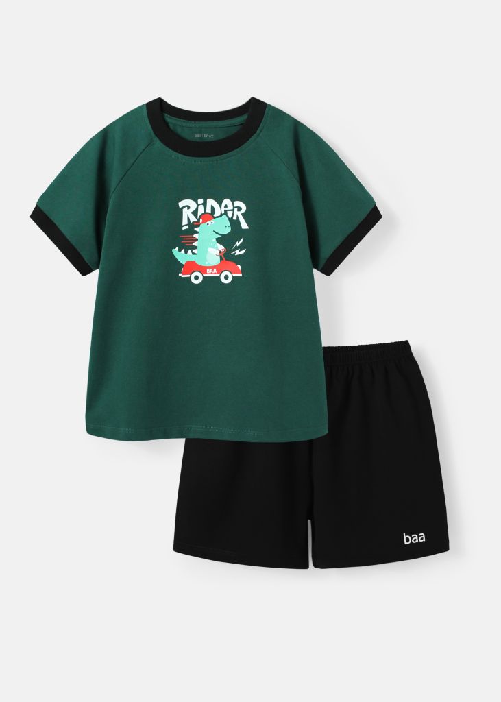 Bộ Thun Ngắn Tay Bé Trai Xanh Khủng Long Phối Đen