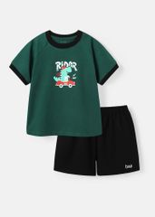 Bộ Thun Ngắn Tay Bé Trai Xanh Khủng Long Phối Đen