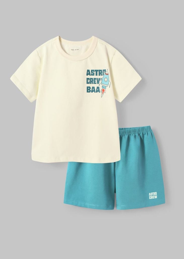 Bộ Thun Ngắn Tay Bé Trai Kem Vũ Trụ Phối Xanh