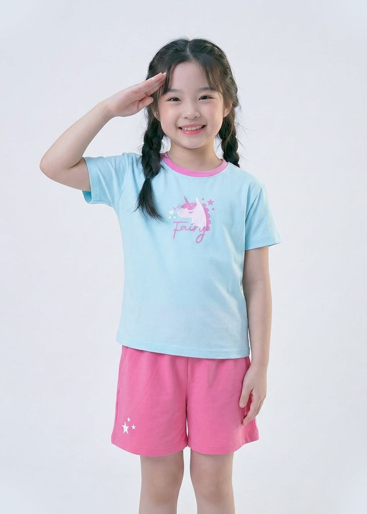 Bộ Thun Ngắn Tay Bé Gái Form Rộng Xanh Unicorn Phối Hồng