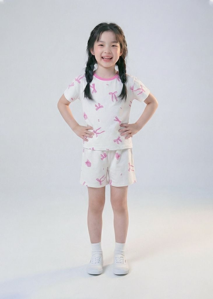 Bộ Thun Ngắn Tay Bé Gái Form Rộng Trắng Hoạ Tiết Nơ