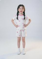 Bộ Thun Ngắn Tay Bé Gái Form Rộng Trắng Hoạ Tiết Nơ