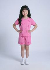 Bộ Thun Ngắn Tay Bé Gái Form Rộng Hồng Hoạ Tiết Nơ