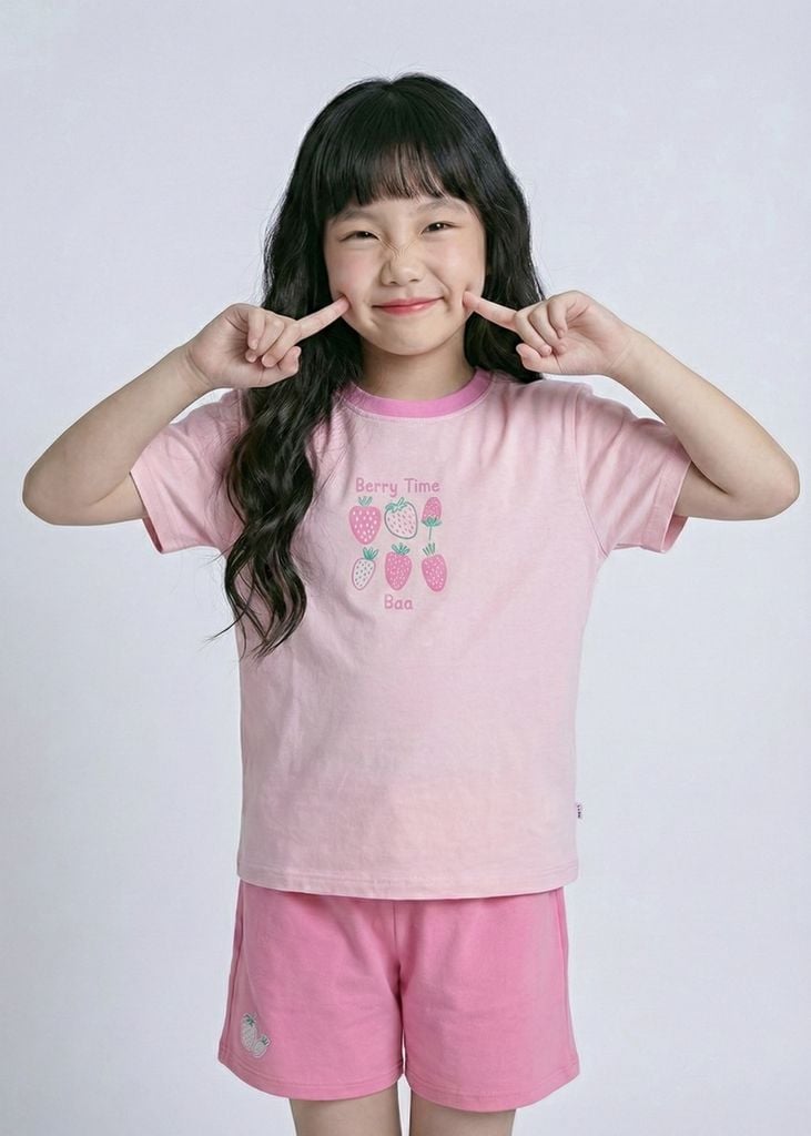 Bộ Thun Ngắn Tay Bé Gái Form Rộng Hồng Berry Time