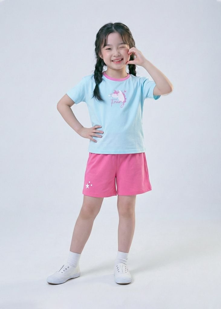 Bộ Thun Ngắn Tay Bé Gái Form Rộng Xanh Unicorn Phối Hồng