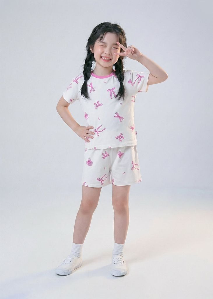 Bộ Thun Ngắn Tay Bé Gái Form Rộng Trắng Hoạ Tiết Nơ