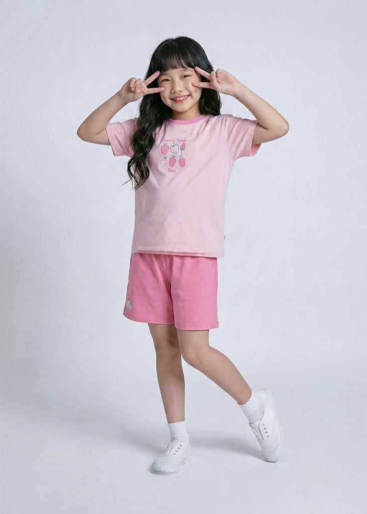 Bộ Thun Ngắn Tay Bé Gái Form Rộng Hồng Berry Time