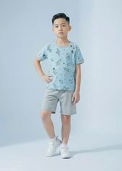Bộ Thun Ngắn Tay Bé Trai Xanh Biển Hoạ Tiết Vũ Trụ Phối Xám