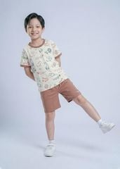 Bộ Thun Ngắn Tay Bé Trai Kem Hoạ Tiết Động Vật Phối Nâu