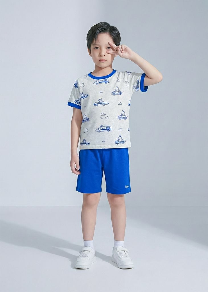 Bộ Thun Ngắn Tay Bé Trai Xám Hoạ Tiết Xe Cảnh Sát Phối Xanh