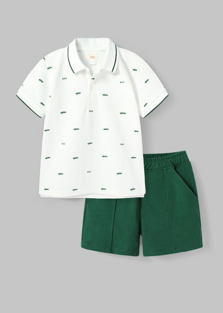 Set Polo Cổ Dệt Bé Trai Trắng Kem Hoạ Tiết Xe Phối Xanh Lá