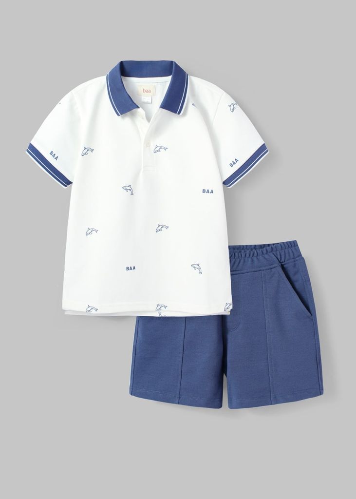 Set Polo Cổ Dệt Bé Trai Trắng Kem Hoạ Tiết Cá Voi Phối Xanh