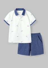 Set Polo Cổ Dệt Bé Trai Trắng Kem Hoạ Tiết Cá Voi Phối Xanh