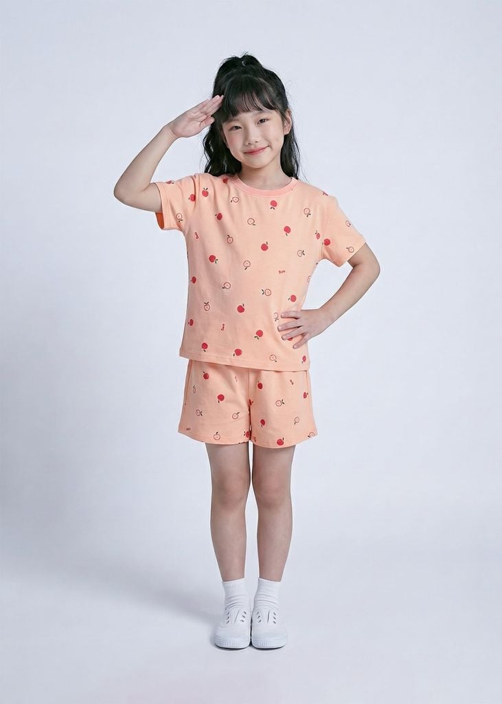 Bộ Thun Ngắn Tay Bé Gái Form Rộng Cam Hoạ Tiết Quả Táo