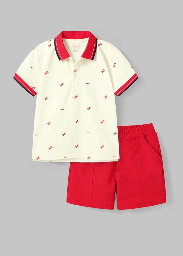 Set Polo Cổ Dệt Bé Trai Kem Hoạ Tiết Thuyền Kayak Phối Đỏ