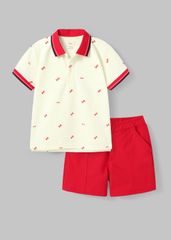 Set Polo Cổ Dệt Bé Trai Kem Hoạ Tiết Thuyền Kayak Phối Đỏ