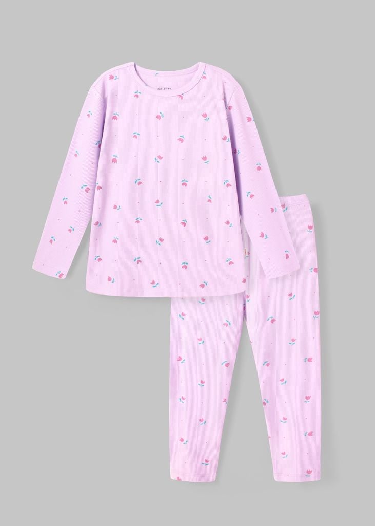 Bộ Thun Dài Tay Bé Gái Gân Tím Hoạ Tiết Hoa Tulip