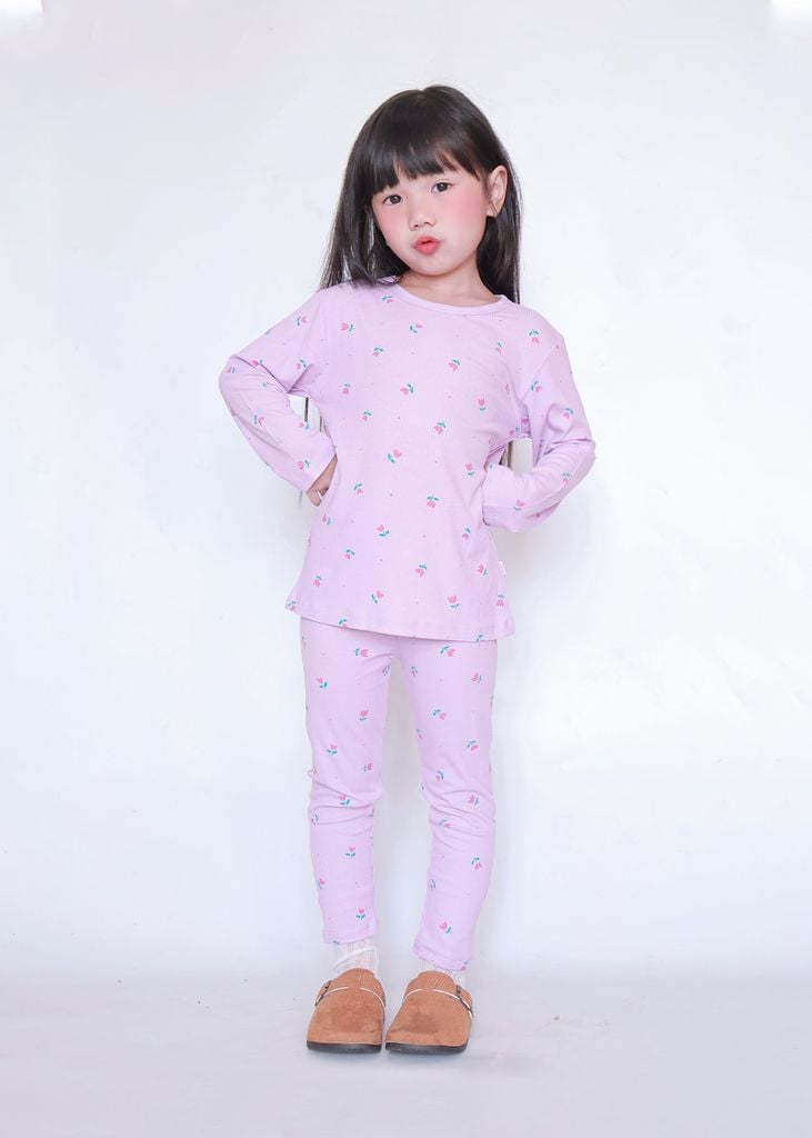 Bộ Thun Dài Tay Bé Gái Gân Tím Hoạ Tiết Hoa Tulip