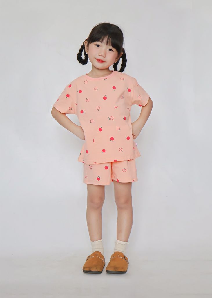 Bộ Thun Ngắn Tay Bé Gái Form Rộng Cam Hoạ Tiết Quả Táo