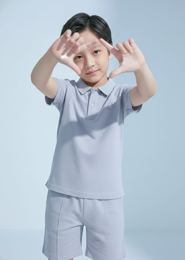 Set Polo Ngắn Tay Bé Trai Xanh Xám Thêu Logo