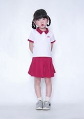 Set Polo Ngắn Tay & Chân Váy Xếp Ly Bé Gái Trắng Phối Đỏ