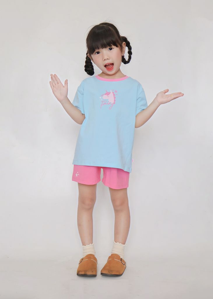 Bộ Thun Ngắn Tay Bé Gái Form Rộng Xanh Unicorn Phối Hồng