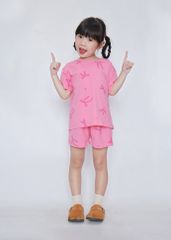 Bộ Thun Ngắn Tay Bé Gái Form Rộng Hồng Hoạ Tiết Nơ