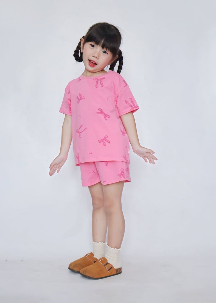 Bộ Thun Ngắn Tay Bé Gái Form Rộng Hồng Hoạ Tiết Nơ