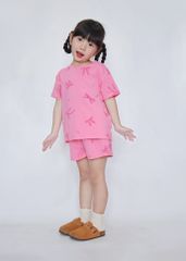 Bộ Thun Ngắn Tay Bé Gái Form Rộng Hồng Hoạ Tiết Nơ