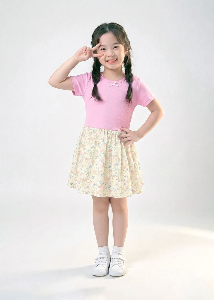 Đầm Ngắn Tay Bé Gái Thun Gân Phối Muslin Hồng Hoạ Tiết Hoa