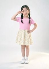 Đầm Ngắn Tay Bé Gái Thun Gân Phối Muslin Hồng Hoạ Tiết Hoa