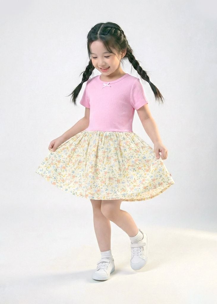 Đầm Ngắn Tay Bé Gái Thun Gân Phối Muslin Hồng Hoạ Tiết Hoa